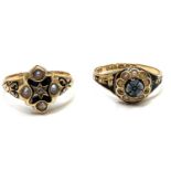 Two Victorian gold mourning rings each enamelled, set with pearls and with hair panel removed, one