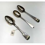 Three silver spoons, a George IV plain fiddle pattern serving spoon by Simon Levy marked Exeter
