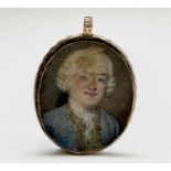 Portrait miniature Watercolour on card of a smiling, bewigged 18th century gentleman wearing an