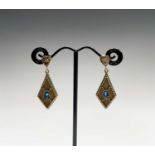 A pair of 9ct gold earrings each set a sapphire and a diamond 6.7gm Maximum drop 35mm