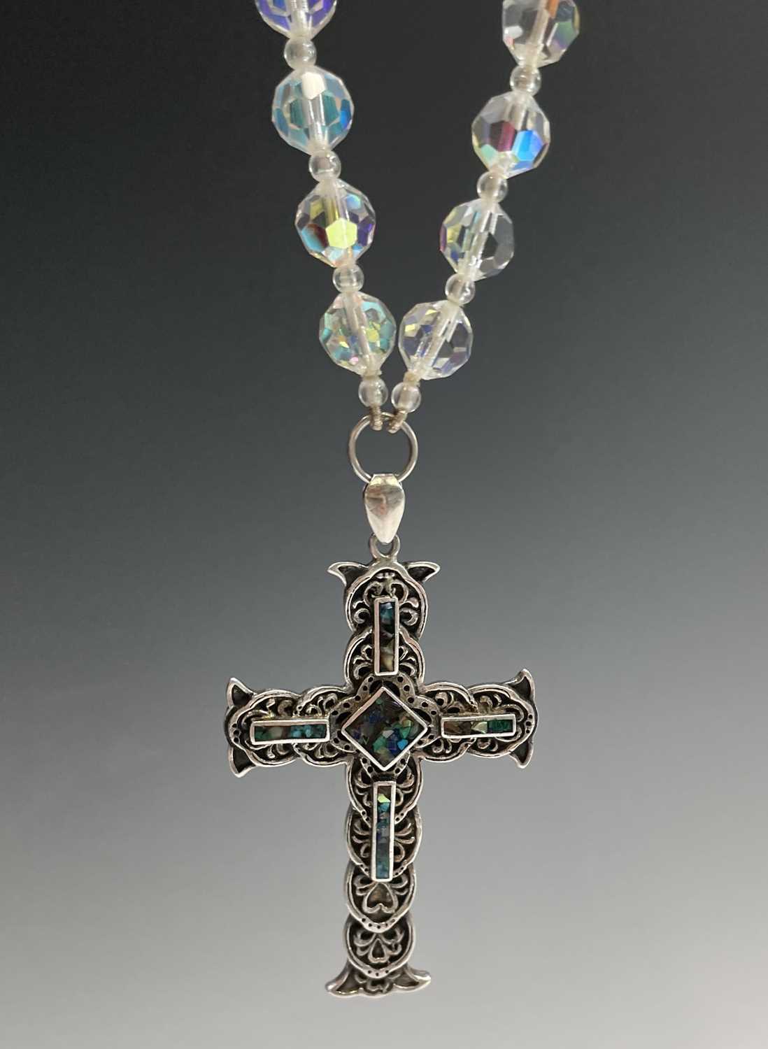 A rosary with carved amethyst beads and amethyst set silver cross, two chased silver crosses each - Image 8 of 8