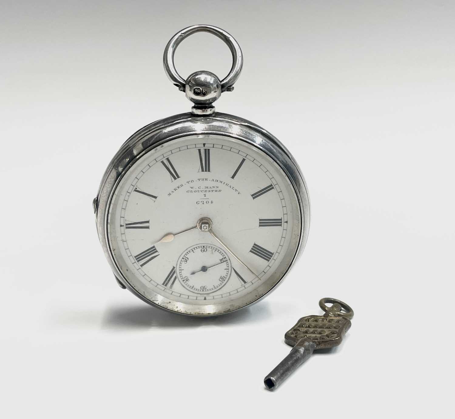 A silver cased open-face pocket watch by W C Mann Gloucester "Maker to The Admiralty" with key - Image 3 of 9