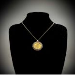 Sovereign 1966 Uncirculated in 9ct gold pendant mount (apparently unharmed) on 50cm gold chain 15.