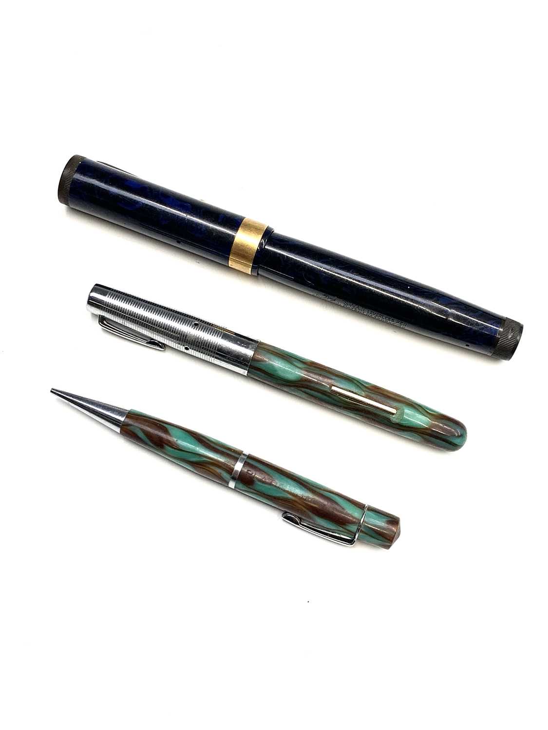 A Swan Mabie Todd L 470/52 Blue/Black,Marble Leverless fountain pen with size 4 14ct gold nib. The - Image 2 of 11