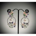 Pair of Jardin earrings with South Sea pearls, tanzanite, enamel and pink mother of pearl flowers.