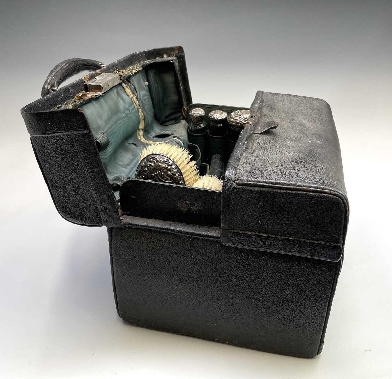 An Edwardian black leather toilet case with silver mounts hallmarked 1901 and 1902Condition - Image 10 of 32