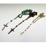 A rosary with malachite beads and silver and malachite cross, a rosary with carved hardstone