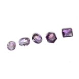 Five faceted unmounted amethystsCondition report: Sizes 10ct, 9ct, 8ct, 6ct, and 6ct