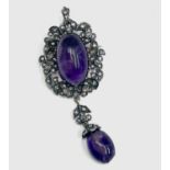 A cabochon amethyst and diamond pendant/brooch 58mm drop 8.3gm