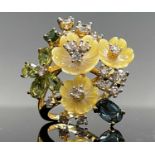 Jardin flower ring with carved yellow mother-of-pearl flowers set with zircon, diopside and peridot,