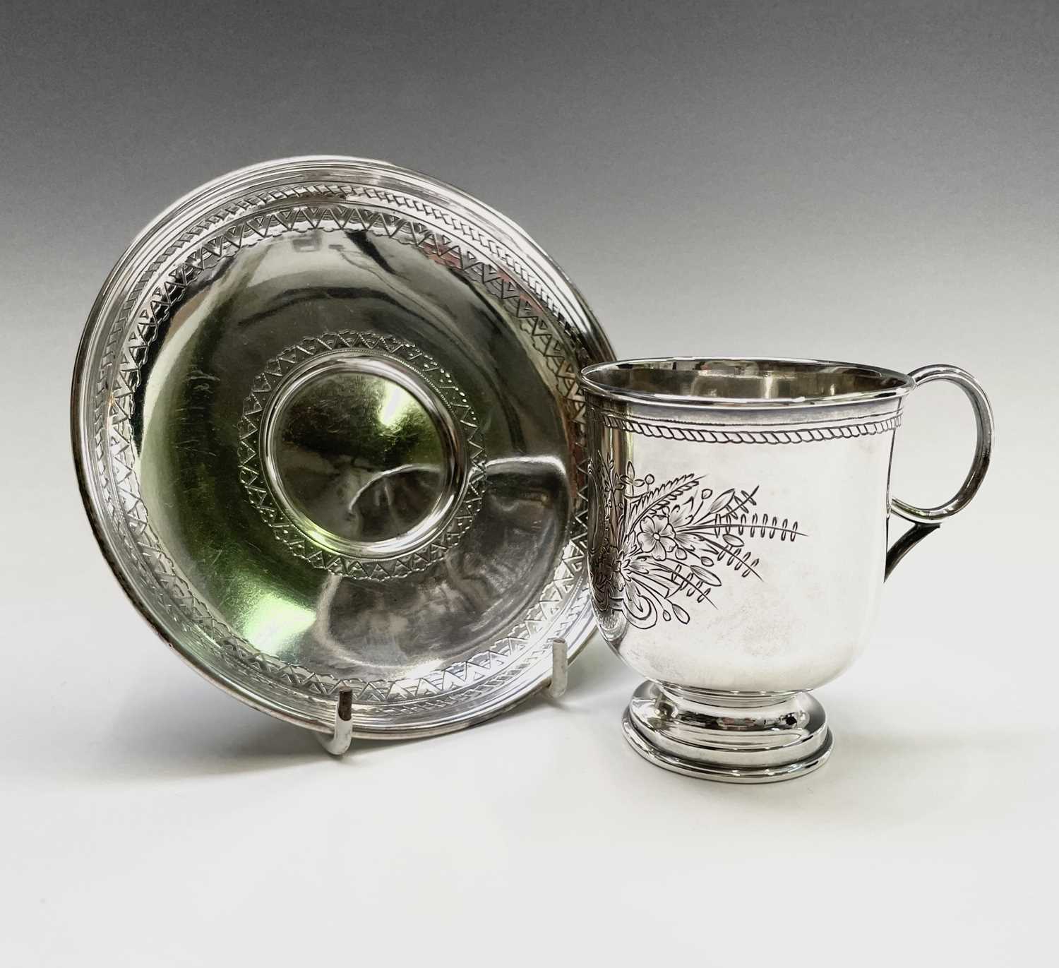 A Russian Moscow silver cup and saucer with engraved decoration Marks dated 1893 171gmCondition