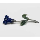 An Austrian 15ct white gold nephrite, lapis and diamond flower brooch 69mm