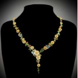 A pretty and complex Jardin flower necklace, set in enamelled gold-plated silver with citrine,