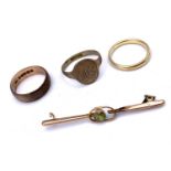 An 18ct gold band 3.4gm, a 9ct band 3.8gm and a 9ct signet ring 2.8gm and a scrap gold brooch