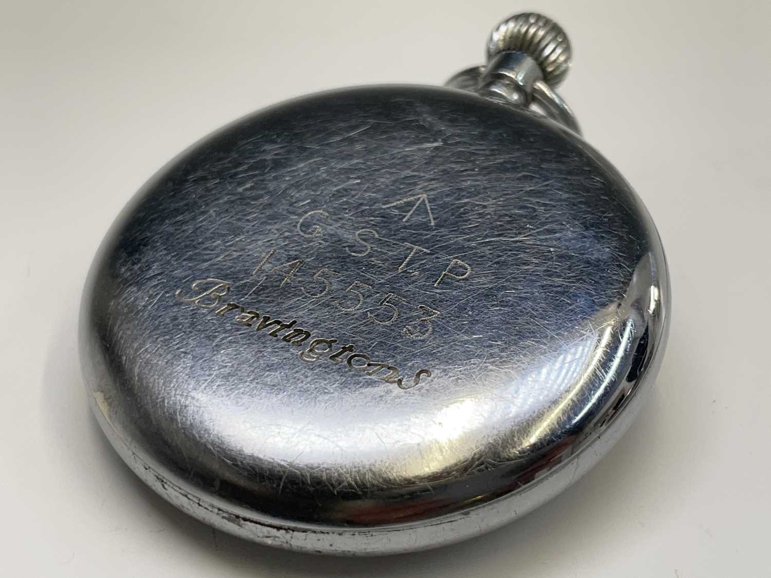 A nickel cased keyless military pocket watch by Leonidas the back marked GSTP 145553 Bravingtons ( - Image 3 of 6