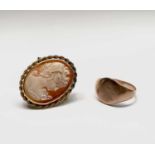 A gold signet ring 5gm size S, and a gold-mounted cameo pendant/brooch 4.5gmCondition report: The