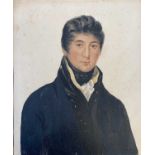 Portrait MiniatureAn early 19th century portrait on card of a gentleman in navy coat and black