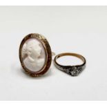 A 10ct cameo set ring Size J 3.6gm and a 9ct diamond solitaire ring Size K 1.8gm