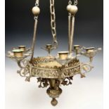 A late 19th/early 20th century brass hanging six branch chandelier, cast with ivy leaves.