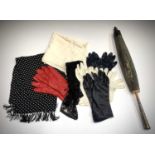 Collection of accessories items including a number of leather/lace gloves, two scarves and a vintage