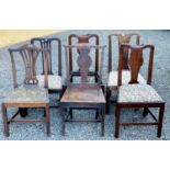 Two similar 18th century mahogany splat back dining chairs, and four other chairs of a similar