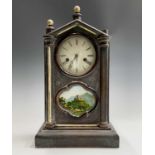 An American eight-day mantel clock, the door with inset painted panel, the case with pasted