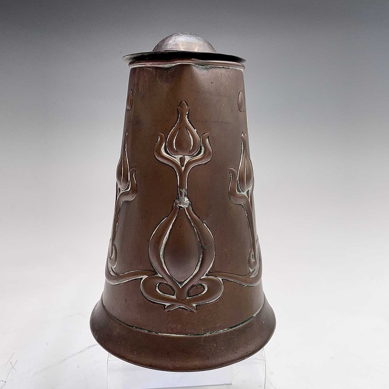 An Arts and Crafts copper lidded jug, by Joseph Sankey & Son, of tapered form, embossed with - Image 3 of 5