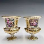 A pair of Derby campana form urn shaped vases, circa 1800, each colourfully painted with a flower