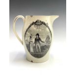 A late 18th/early 20th century creamware jug, one side bat printed with a sailor and his lover (