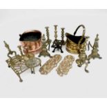 A collection of metalware to include a pair of 19th century brass fire dogs, height 28.5cm, a copper