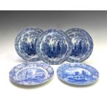 A set of three blue and white pearlware plates, early 19th century, printed with figures by a