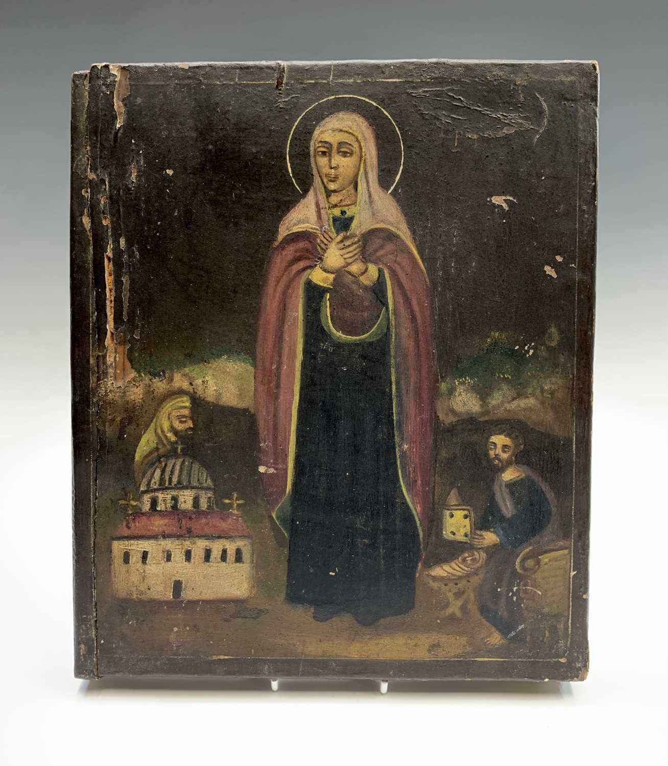 A Greek icon, 19th century, the panel painted with the holy mother with a church, two figures and