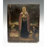 A Greek icon, 19th century, the panel painted with the holy mother with a church, two figures and