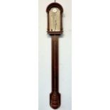 A reproduction mahogany and line inlaid mercury stick barometer, the brass dial signed James &