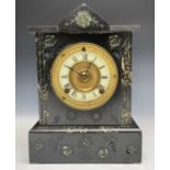 Two Victorian black slate mantel clocks, largest height 33cm, width 33.5cm.