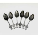 A six Arts and Crafts period pewter teaspoons, probably continental. Length 11cm.