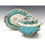 A rare Worcester porcelain chestnut basket, cover and stand, circa 1770, the turquoise ground with