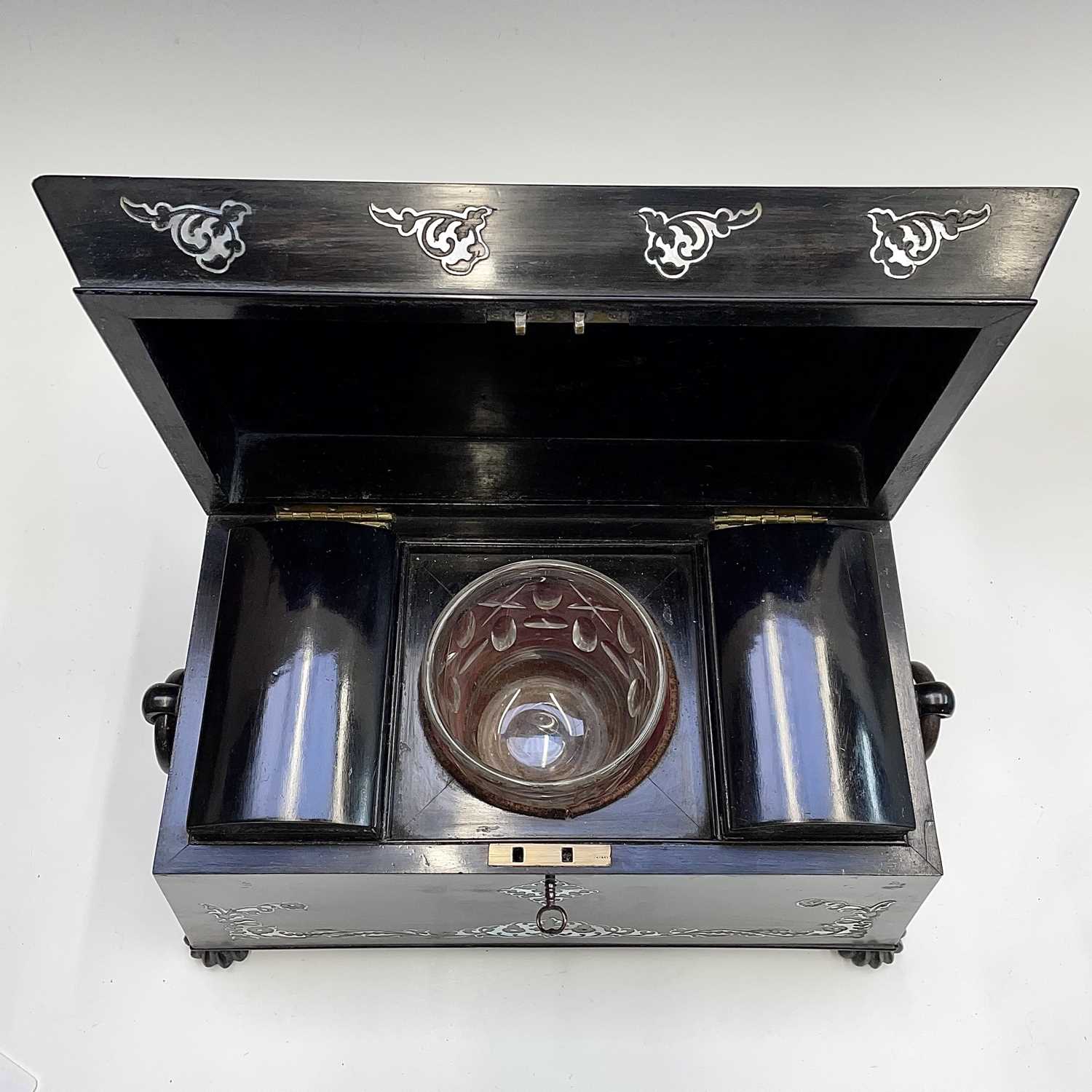 A Regency coromandel tea caddy with mother of pearl inlay, of sarcophagus form, the two lidded - Image 5 of 6