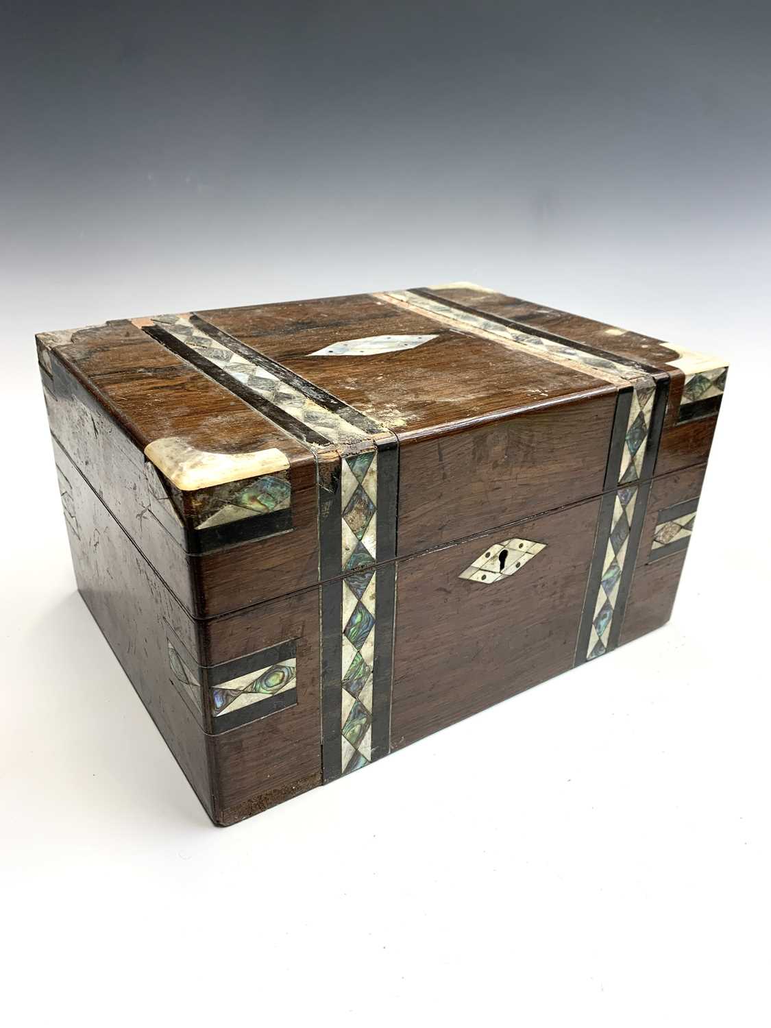 A Victorian rosewood, mother of pearl and abalone inlaid vanity box, fitted with jars and boxes with - Image 2 of 3