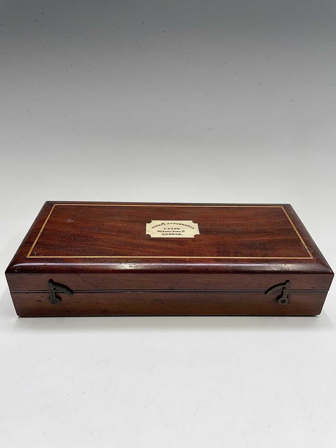 A Sike's Hydrometer, by J Long, London, the thermometer with ivory scale, mahogany case, width - Image 4 of 8
