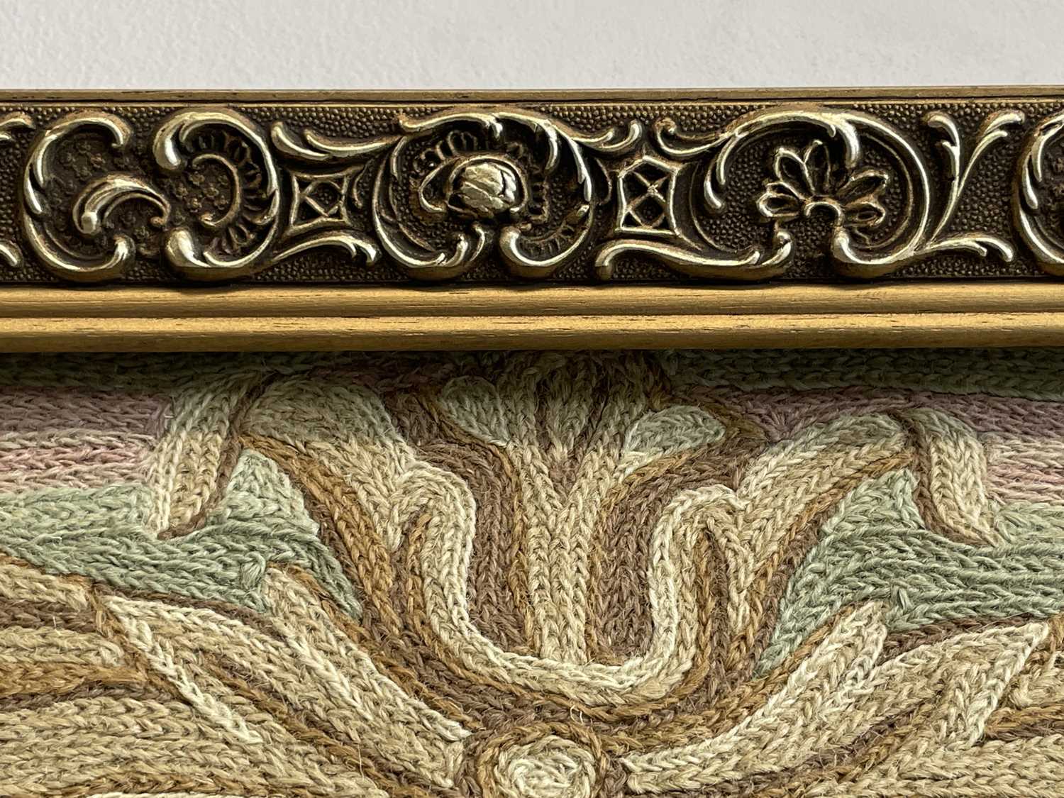 An Aubusson-type floral design wall hanging, mounted on gilded wood hanging rail. Maximum width - Image 3 of 6