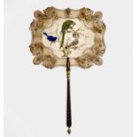 A Regency hand painted fan, decorated with birds perched on a branch, with a carved wood handle