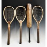 Vintage sports items - A 19th century Lunn's Patent tennis racquet, stamped 'Ventilated Holdfast',