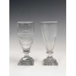 A 19th century strong ale glass or stirrup glass, engraved 'Gone Away', above a fox and trees,