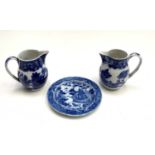 A pair of miniature pearlware jugs, circa 1820, transfer printed with a version of the Willow