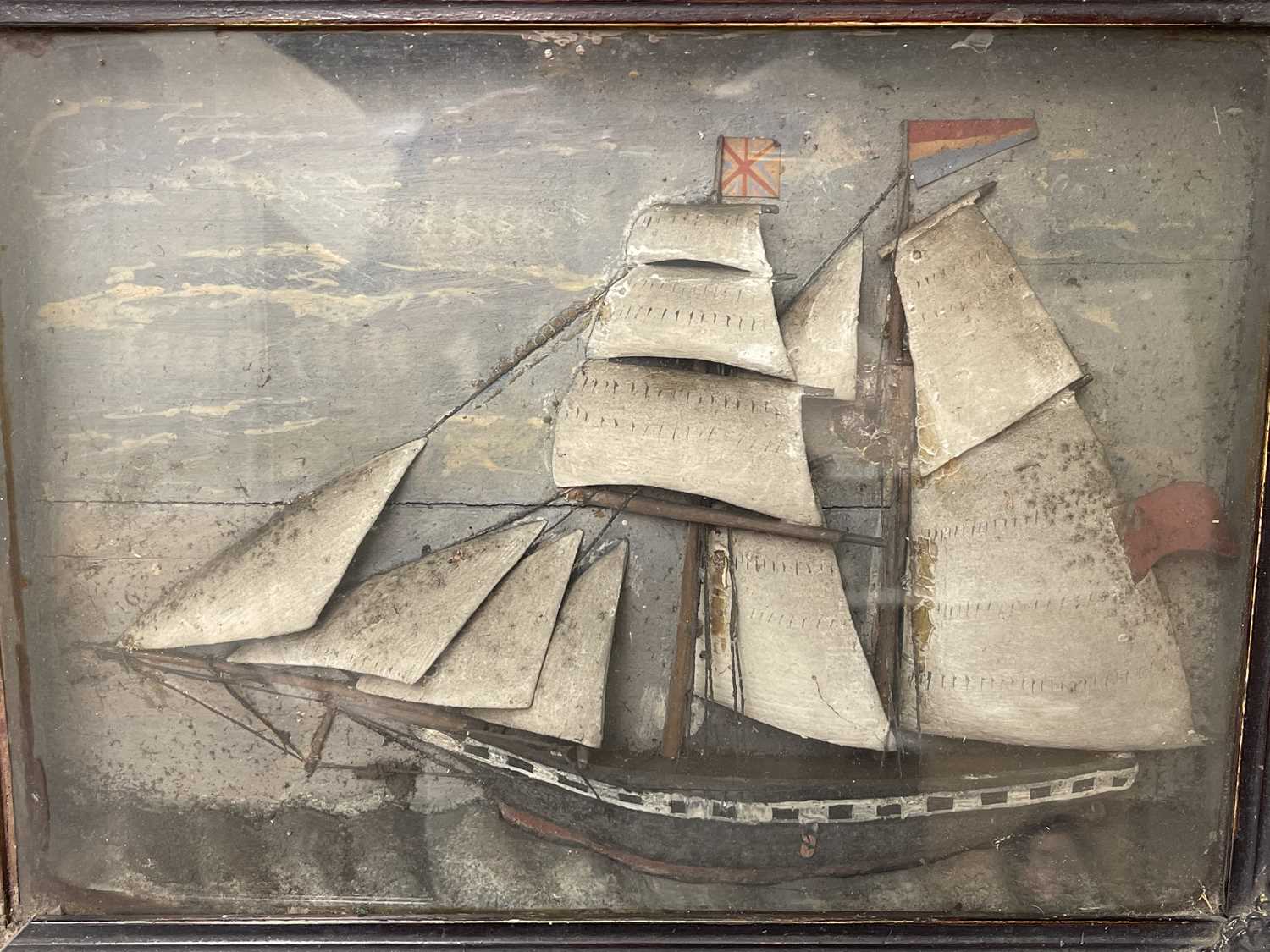 A 19th century diorama of a two-masted ship fully rigged, in glazed case. Height 29cm, width 38cm, - Image 6 of 7