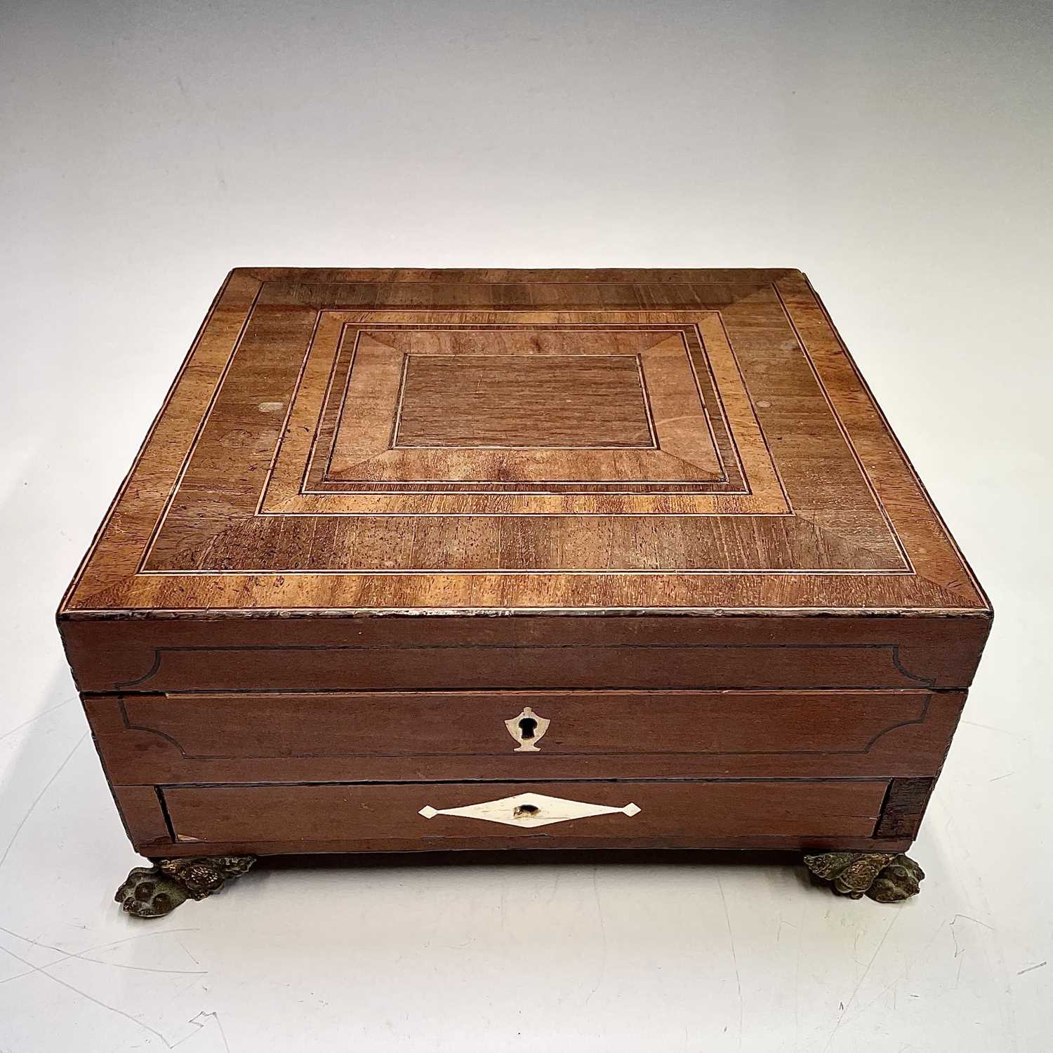 A Regency mahogany inlaid and crossbanded work box, with fitted interior and a lower drawer with - Image 4 of 7