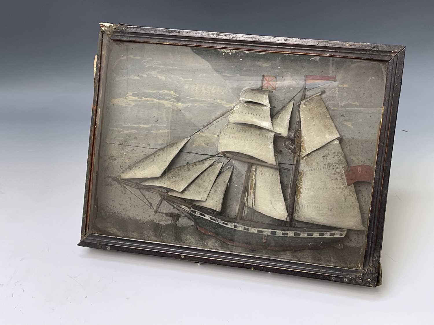 A 19th century diorama of a two-masted ship fully rigged, in glazed case. Height 29cm, width 38cm, - Image 7 of 7