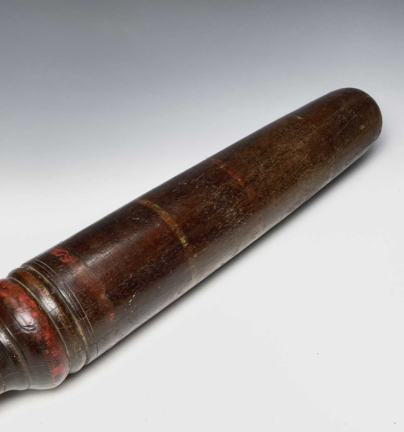A turned heavy hardwood baton, 19th century, possibly a fighting weapon, with painted bands and - Image 3 of 4