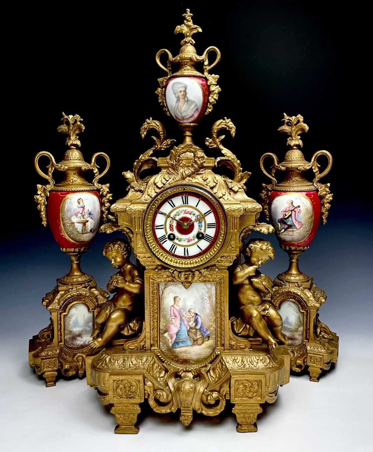 A 19th century gilt metal and porcelain three piece clock garniture, height of clock 56cm, width - Image 2 of 13